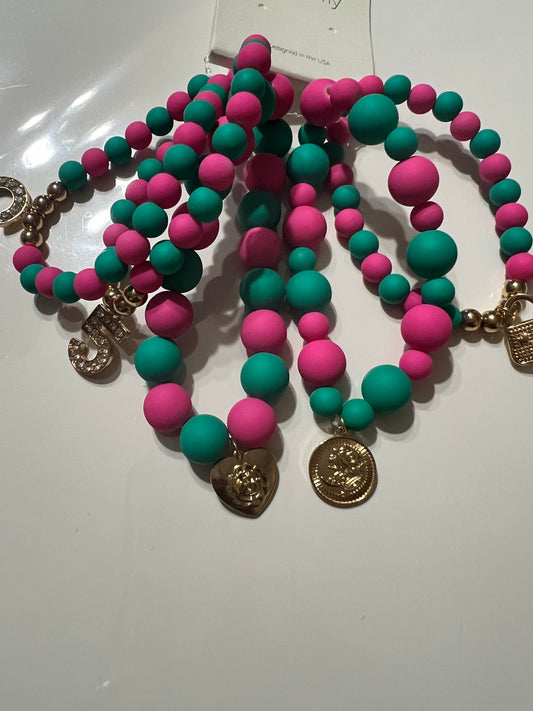 “Grace” Pink n Green Stretch Bracelet Set of 5