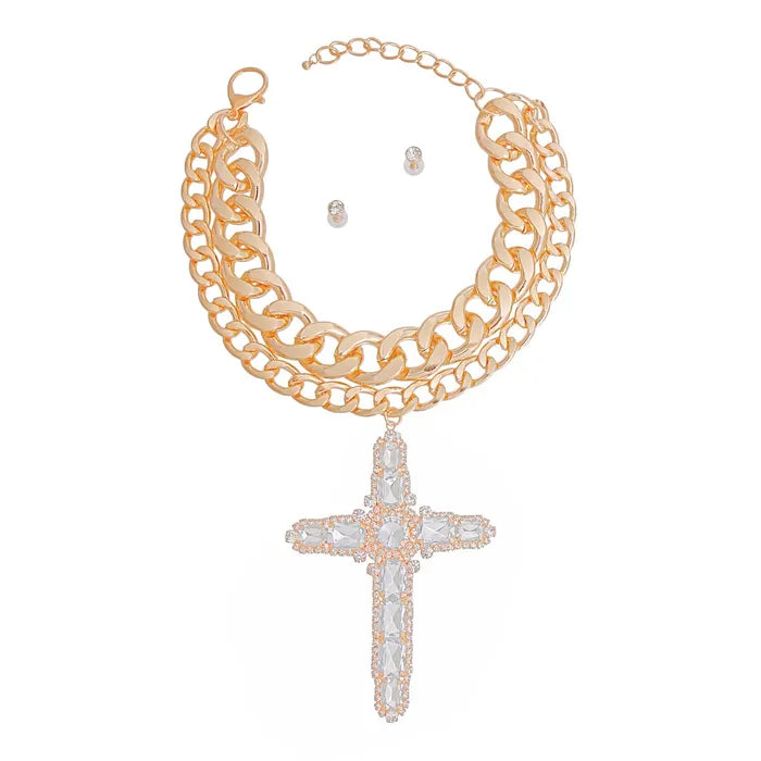 Genesis Oversized Bling Cross Necklace Set