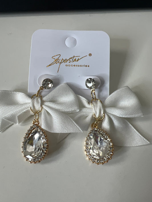 White Bow Bling Earrings