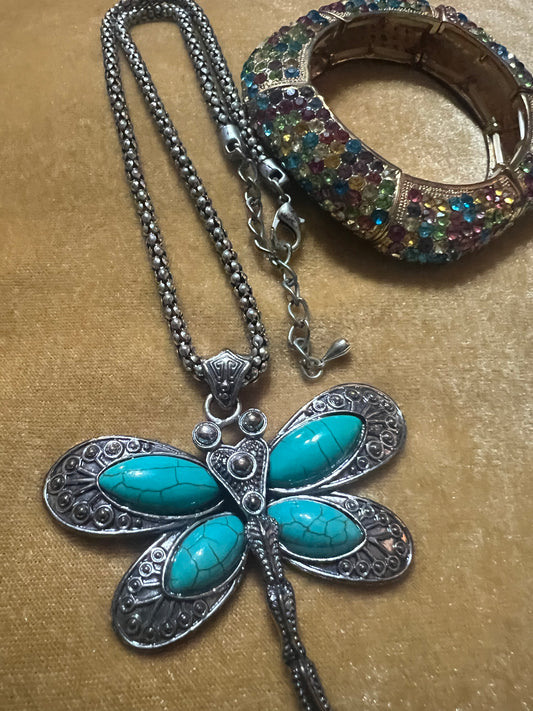 Bling Stretch Bangle and Dragonfly Necklace